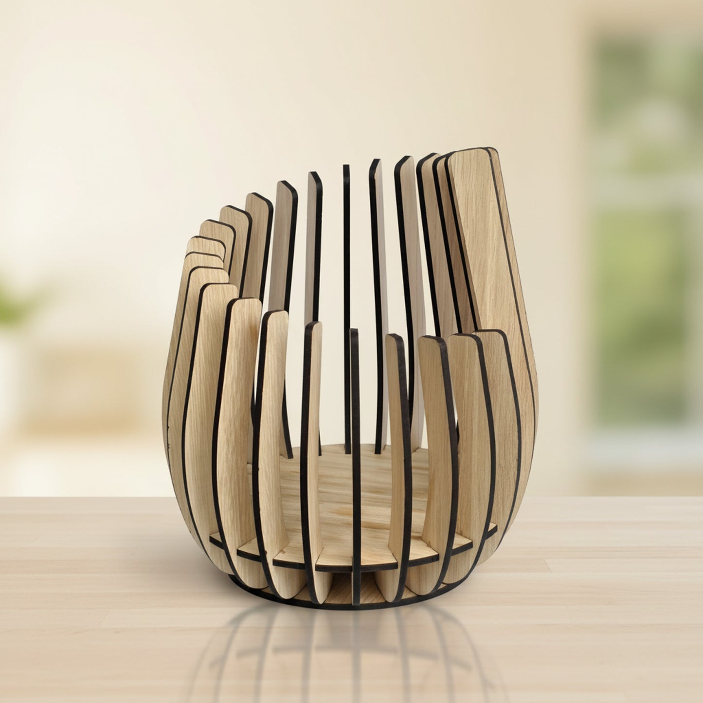 Curved Oak Veneer LED Candle Holder – Modern Wooden Slat Lantern (4 Sizes)