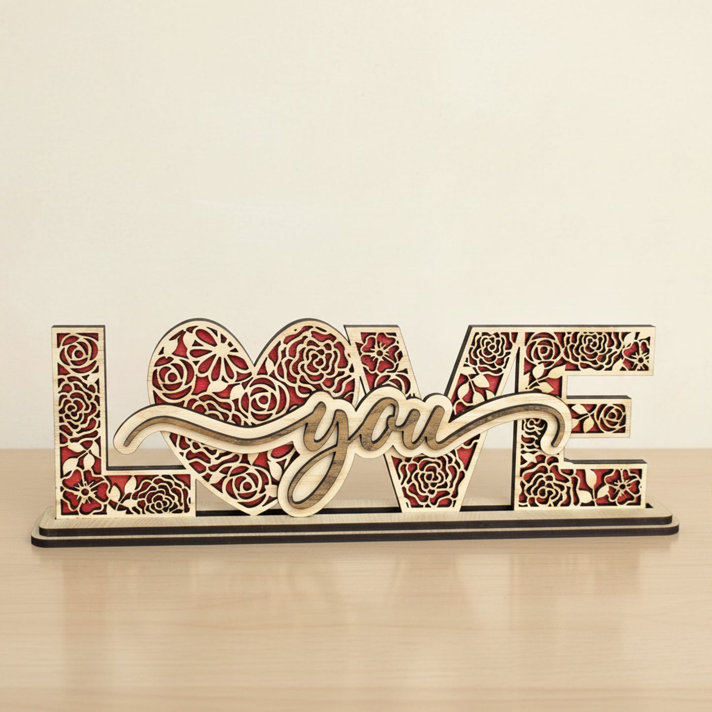 Layered Wooden “Love You” Sign – Floral Laser Cut Freestanding Decor (Oak Veneer)