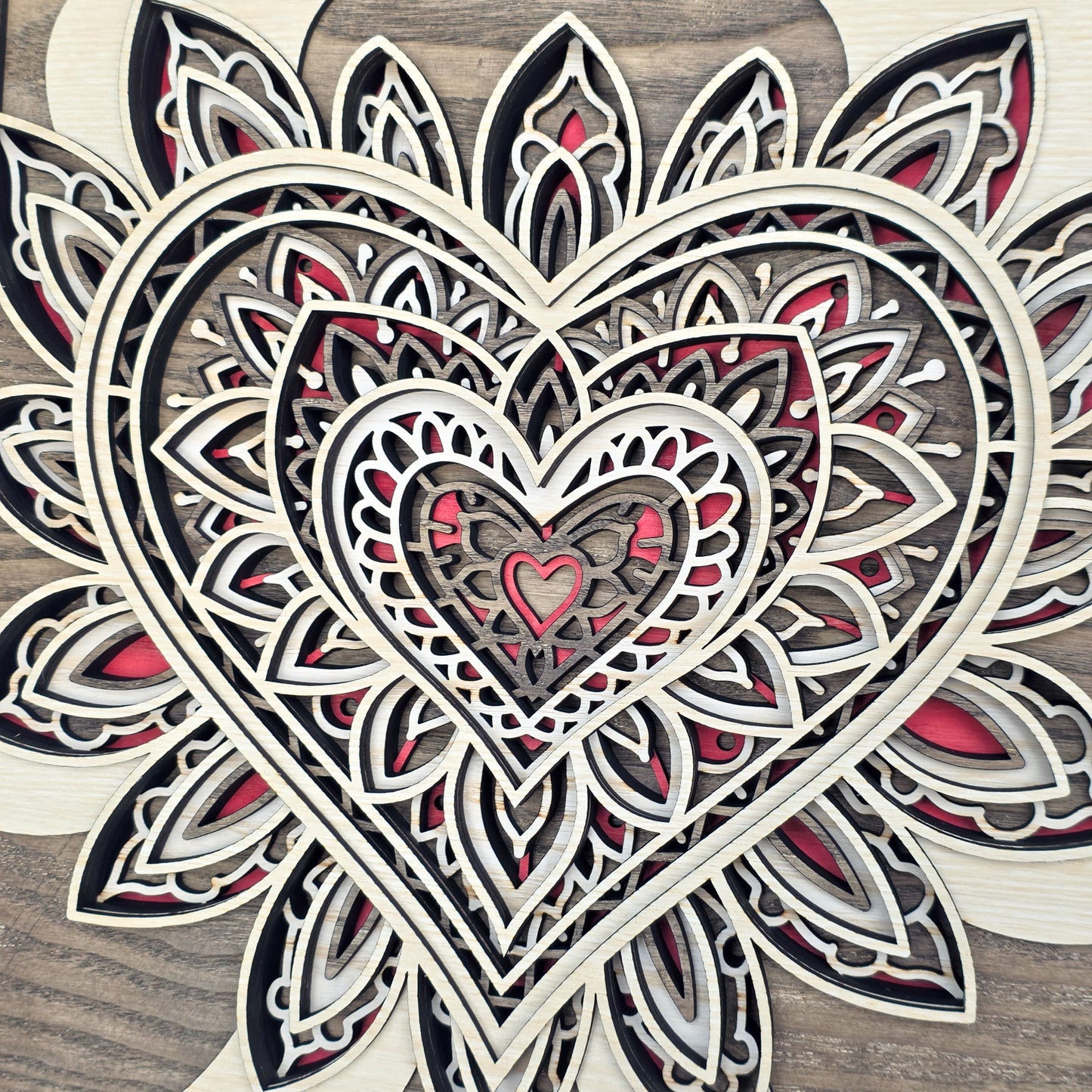 Layered Wooden Mandala Heart Wall Art – Oak, Walnut & Red Ash Veneer (295mm)