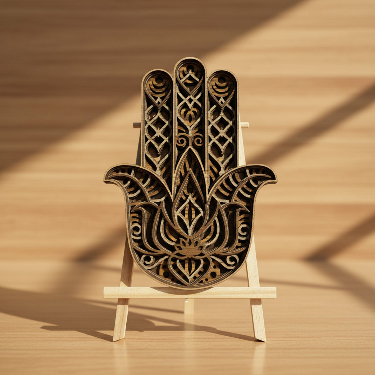 Layered Oak Veneer Hamsa Hand Wall Art – Wooden Statement Décor