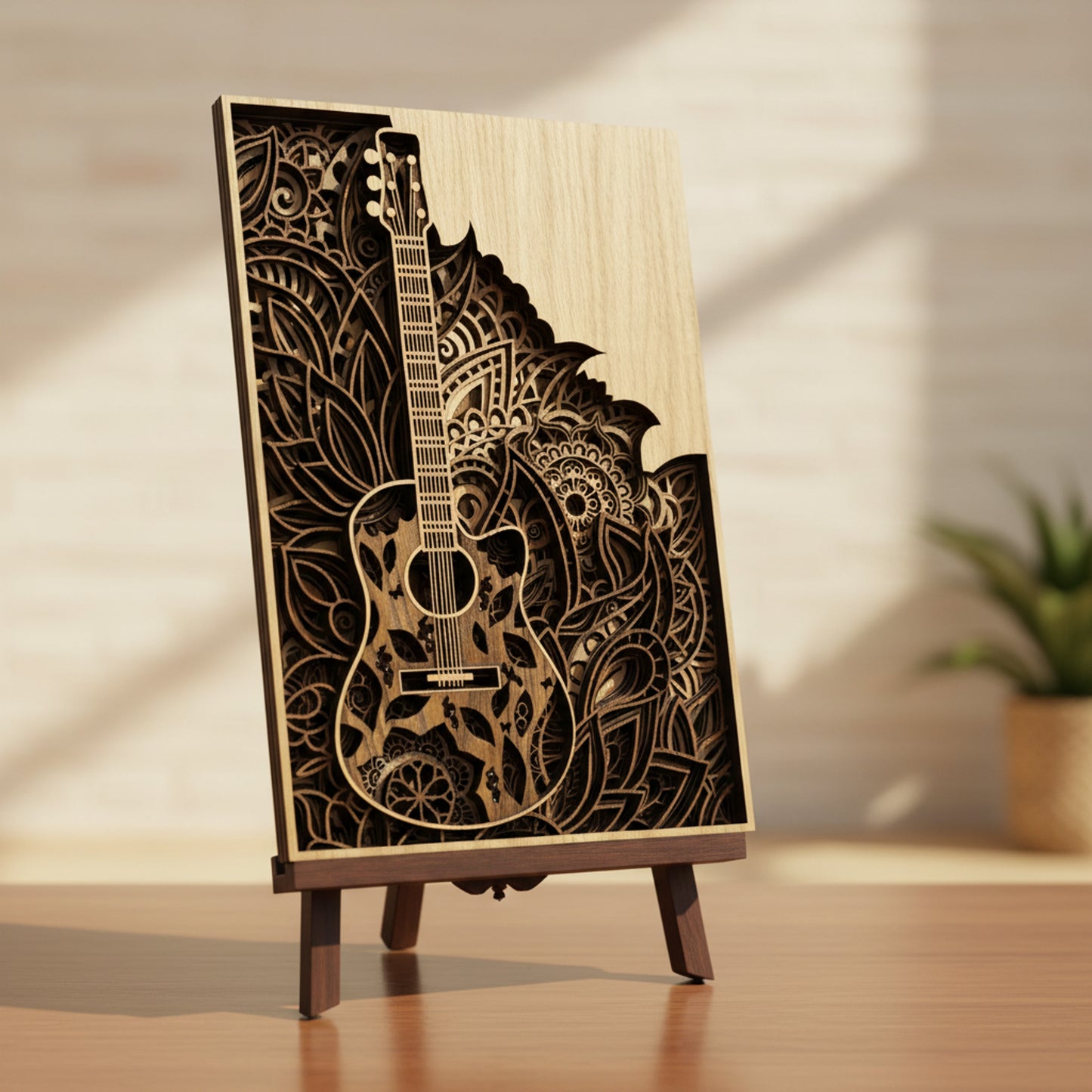 Layered Wooden Guitar Wall Art – Multi-Layer Veneer Statement Piece