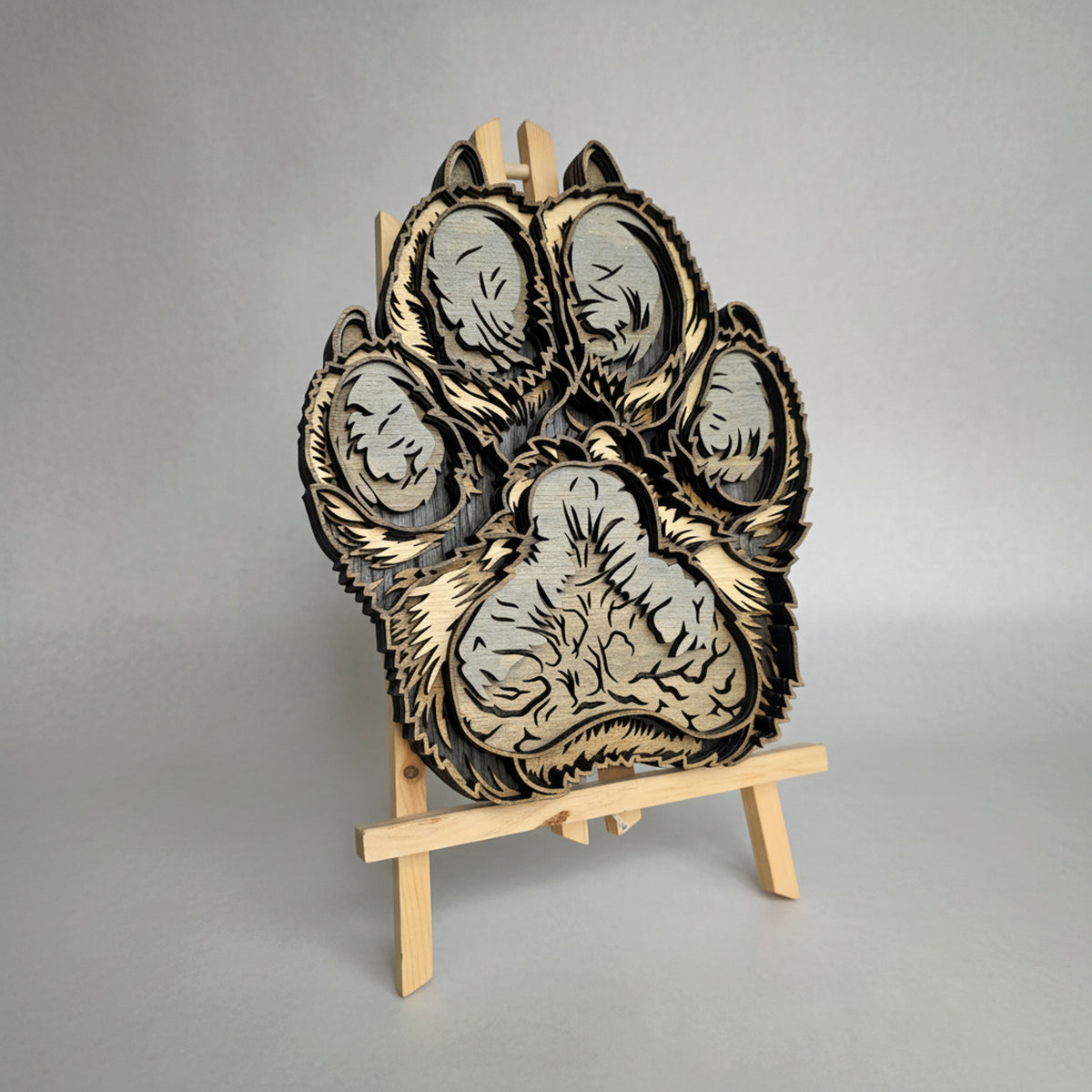 3D Layered Wooden Paw Print Wall Art & Desk Decor - Laser-Cut Oak & Ash Pet Memorial (295mm)
