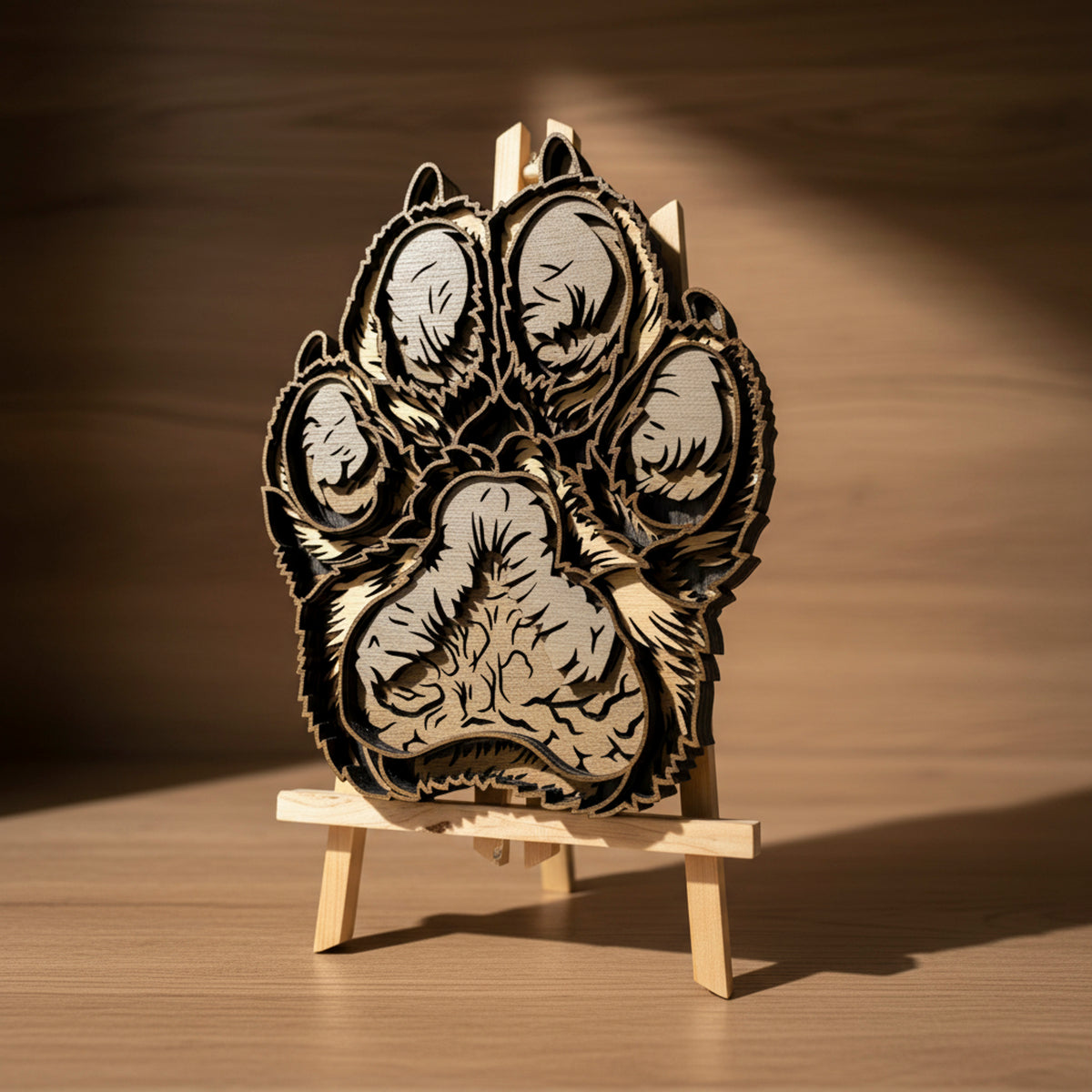3D Layered Wooden Paw Print Wall Art & Desk Decor - Laser-Cut Oak & Ash Pet Memorial (295mm)