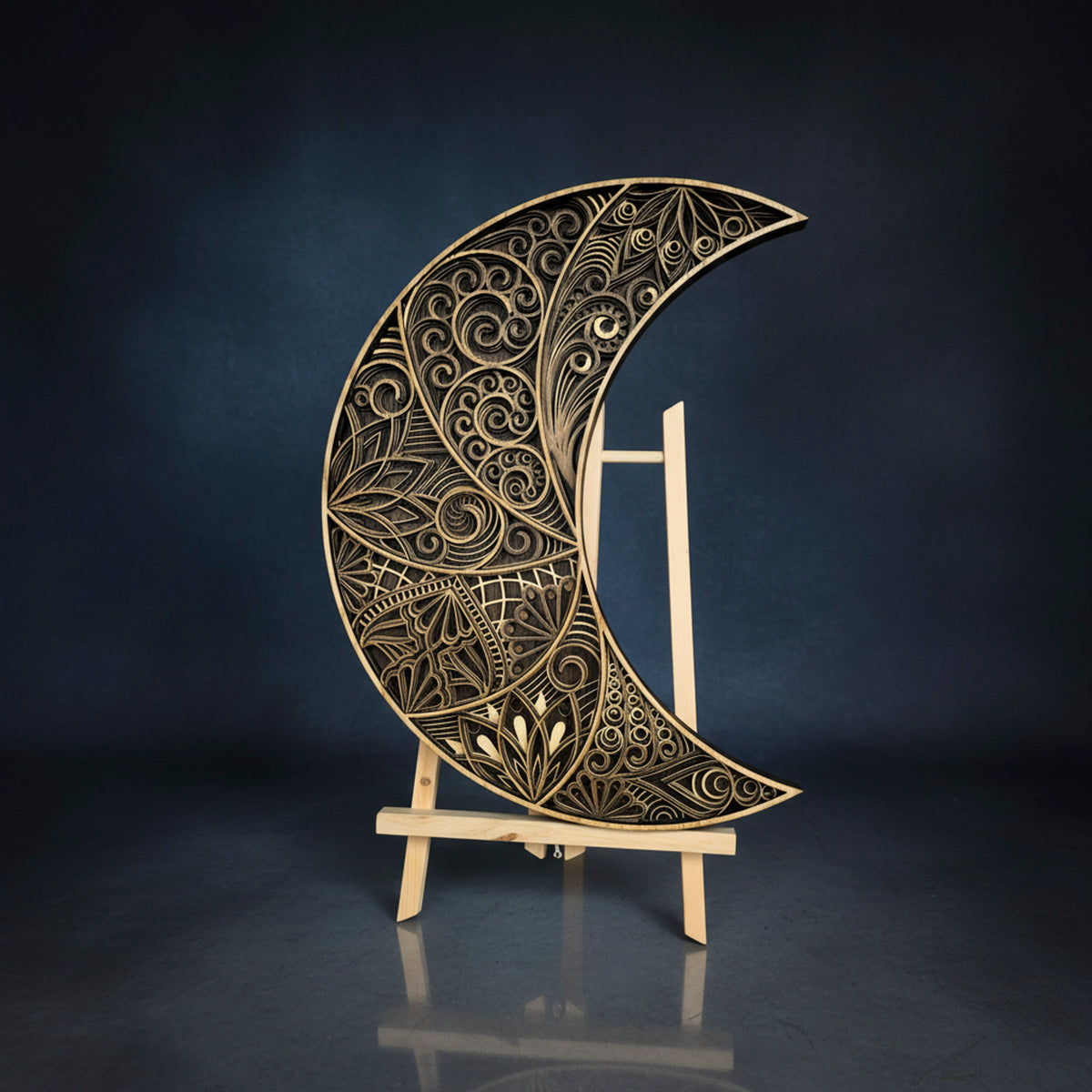 3D Layered Crescent Moon Mandala Wall Art - Handcrafted Laser-Cut Oak & Ash Wood Decor (400mm)