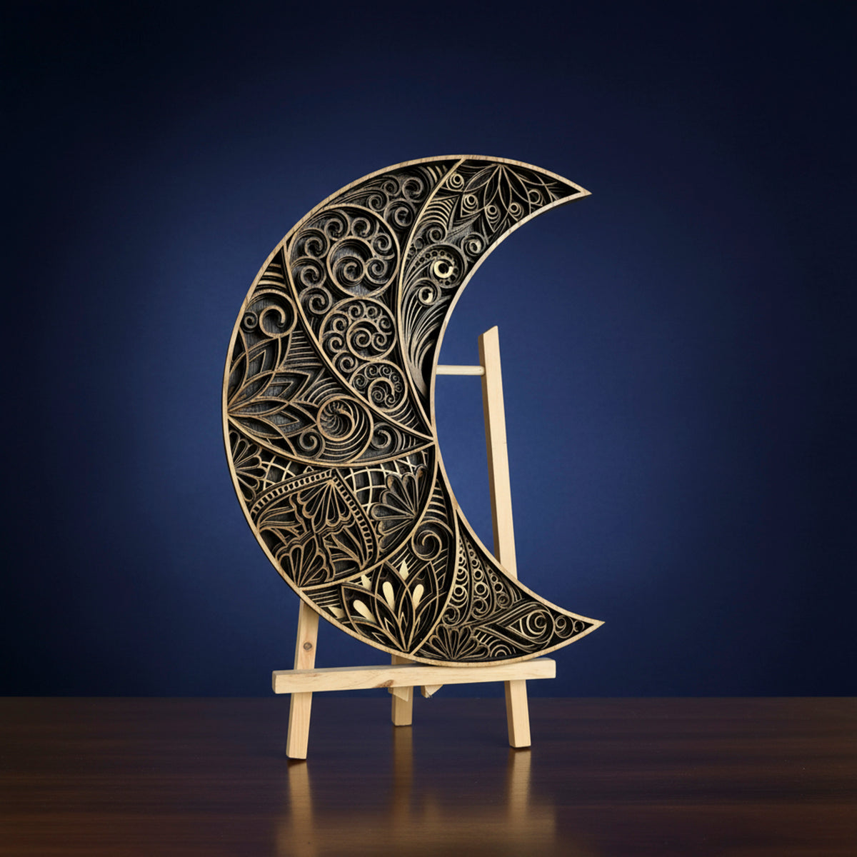 3D Layered Crescent Moon Mandala Wall Art - Handcrafted Laser-Cut Oak & Ash Wood Decor (400mm)
