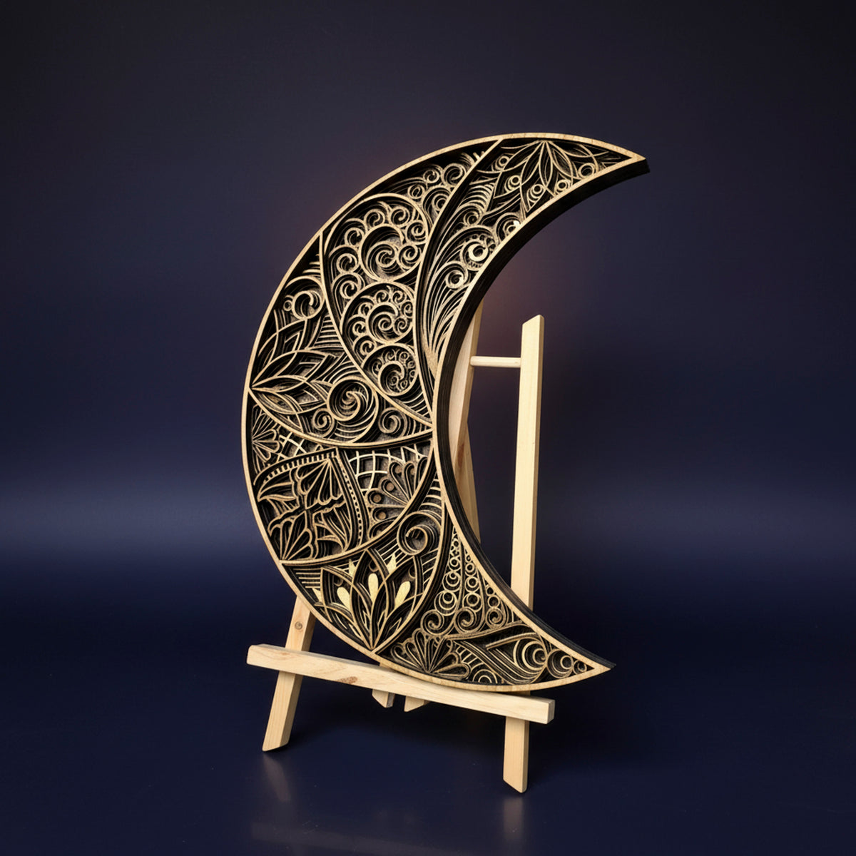 3D Layered Crescent Moon Mandala Wall Art - Handcrafted Laser-Cut Oak & Ash Wood Decor (400mm)