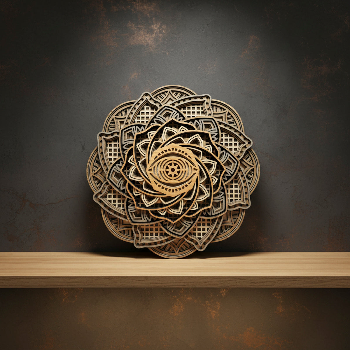 3D Layered Wooden Eye Mandala Wall Art - Laser Cut Oak & Ash Wood Sculpture (295mm)
