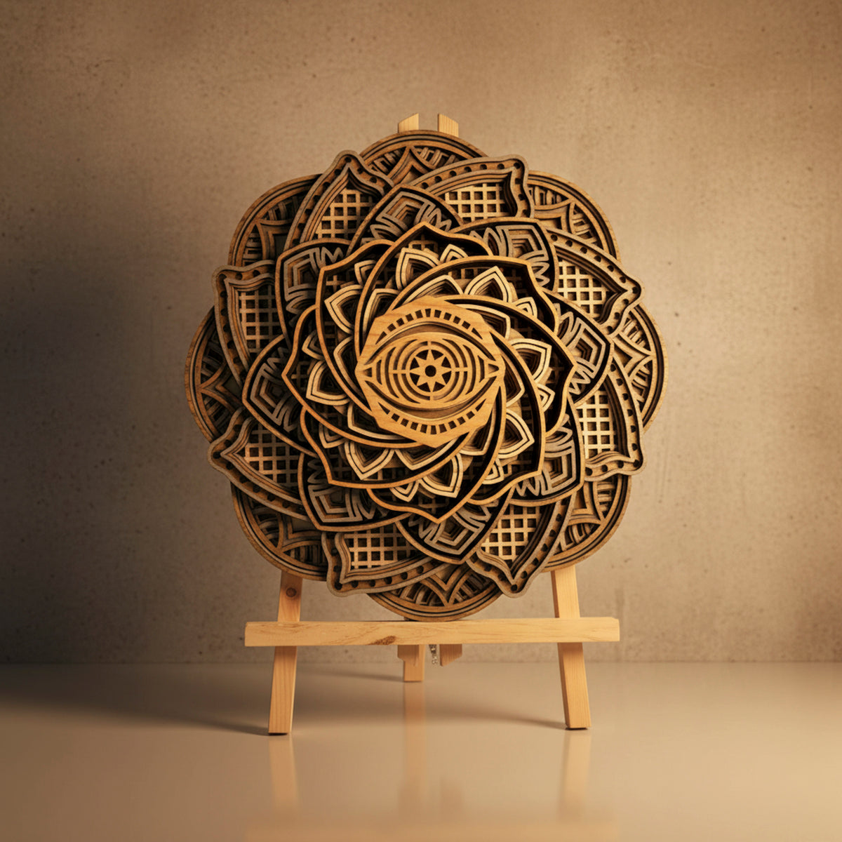 3D Layered Wooden Eye Mandala Wall Art - Laser Cut Oak & Ash Wood Sculpture (295mm)