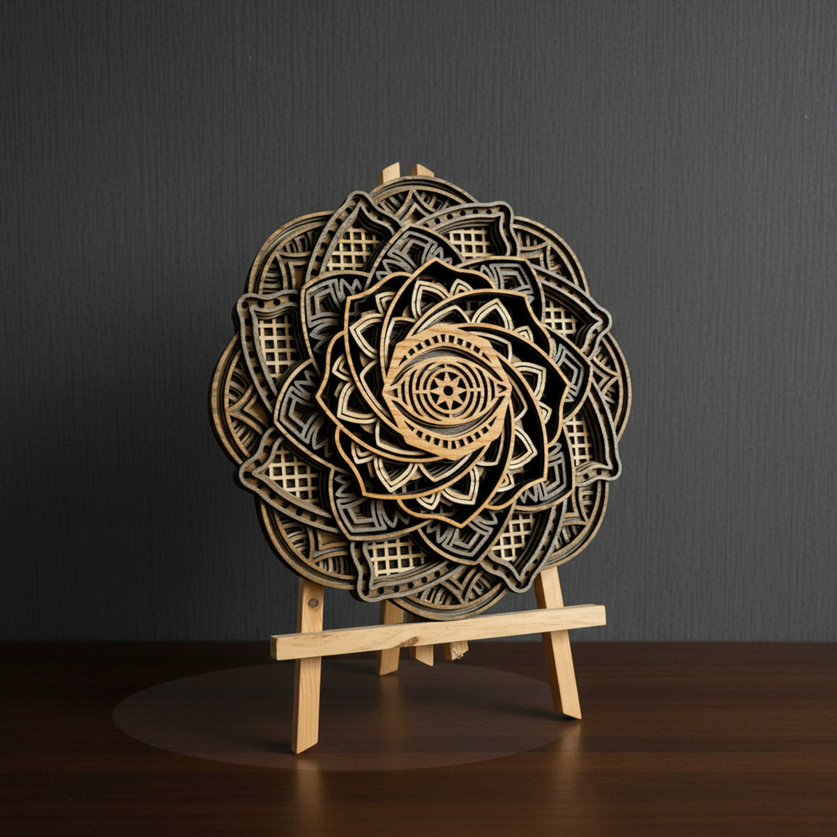 3D Layered Wooden Eye Mandala Wall Art - Laser Cut Oak & Ash Wood Sculpture (295mm)