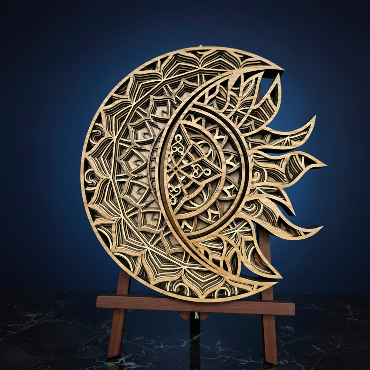 3D Layered Sun & Moon Mandala Wall Art - Laser-Cut Wooden Celestial Sculpture (292mm x 284mm)