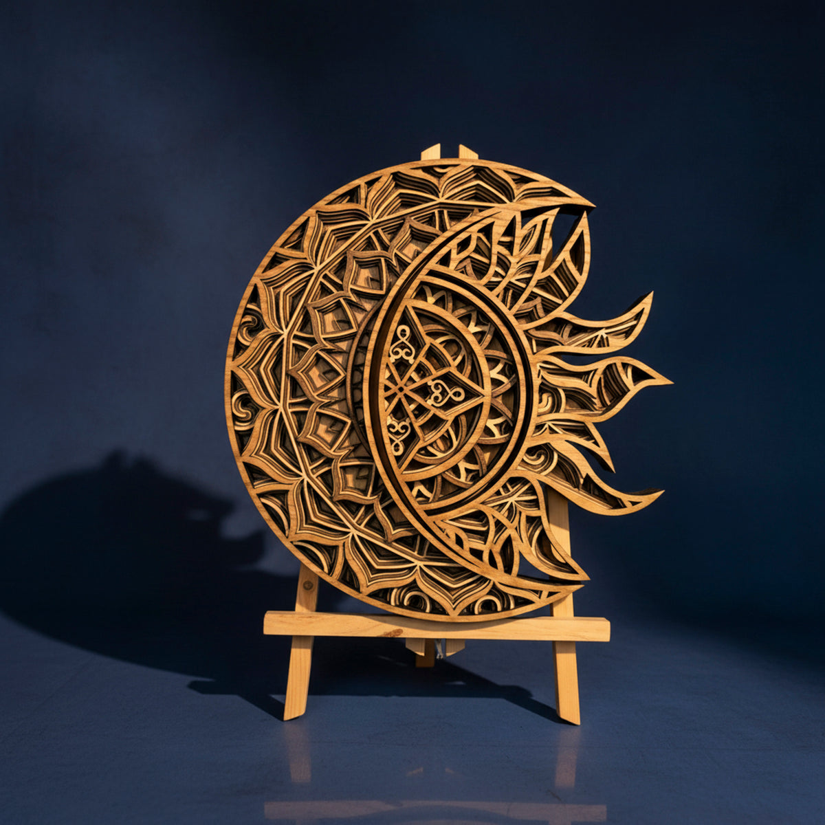 3D Layered Sun & Moon Mandala Wall Art - Laser-Cut Wooden Celestial Sculpture (292mm x 284mm)