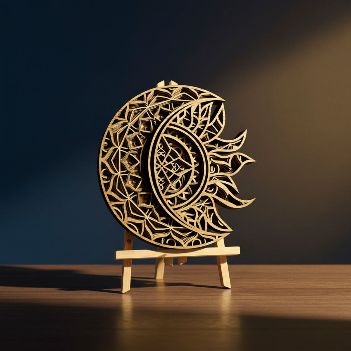 3D Layered Sun & Moon Mandala Wall Art - Laser-Cut Wooden Celestial Sculpture (292mm x 284mm)