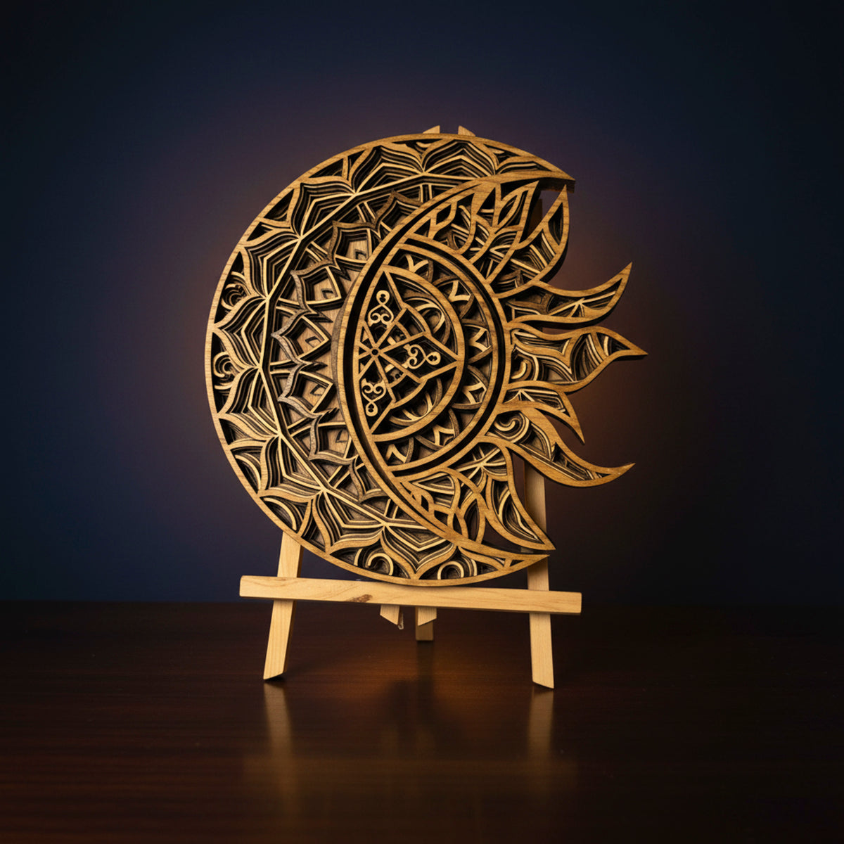 3D Layered Sun & Moon Mandala Wall Art - Laser-Cut Wooden Celestial Sculpture (292mm x 284mm)