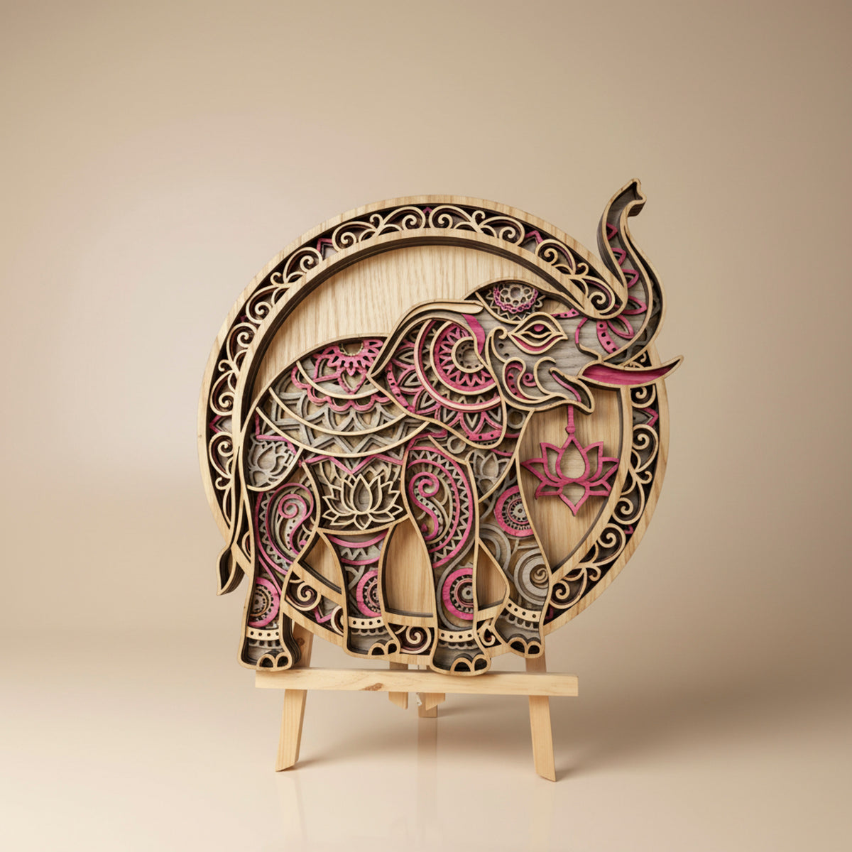 3D Layered Elephant Mandala Wall Art - Handcrafted Laser-Cut Wooden Sculpture (350mm)