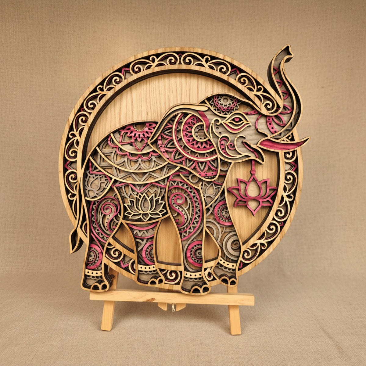 3D Layered Elephant Mandala Wall Art - Handcrafted Laser-Cut Wooden Sculpture (350mm)