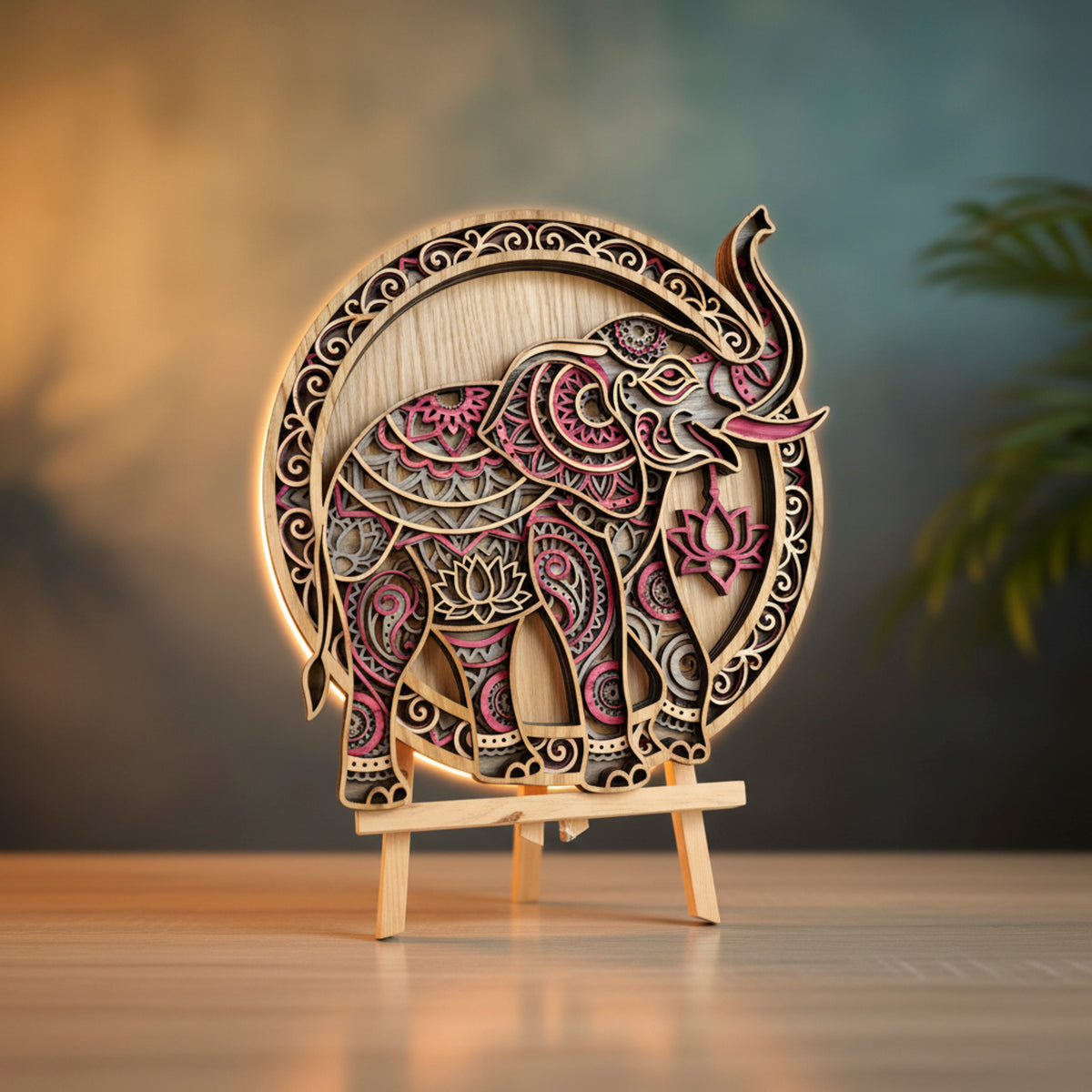 3D Layered Elephant Mandala Wall Art - Handcrafted Laser-Cut Wooden Sculpture (350mm)