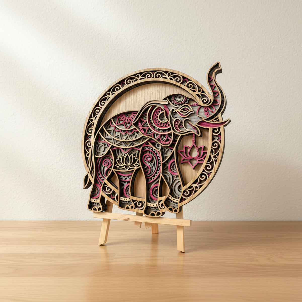 3D Layered Elephant Mandala Wall Art - Handcrafted Laser-Cut Wooden Sculpture (350mm)