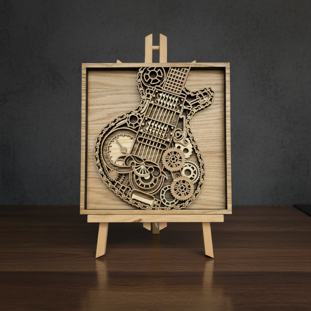 3D Layered Steampunk Electric Guitar Wall Art - Laser-Cut Wood Framed Music Sculpture (250mm)
