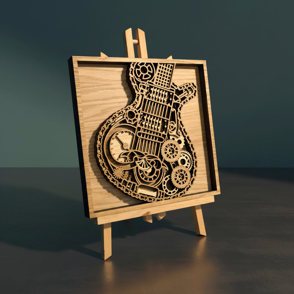 3D Layered Steampunk Electric Guitar Wall Art - Laser-Cut Wood Framed Music Sculpture (250mm)