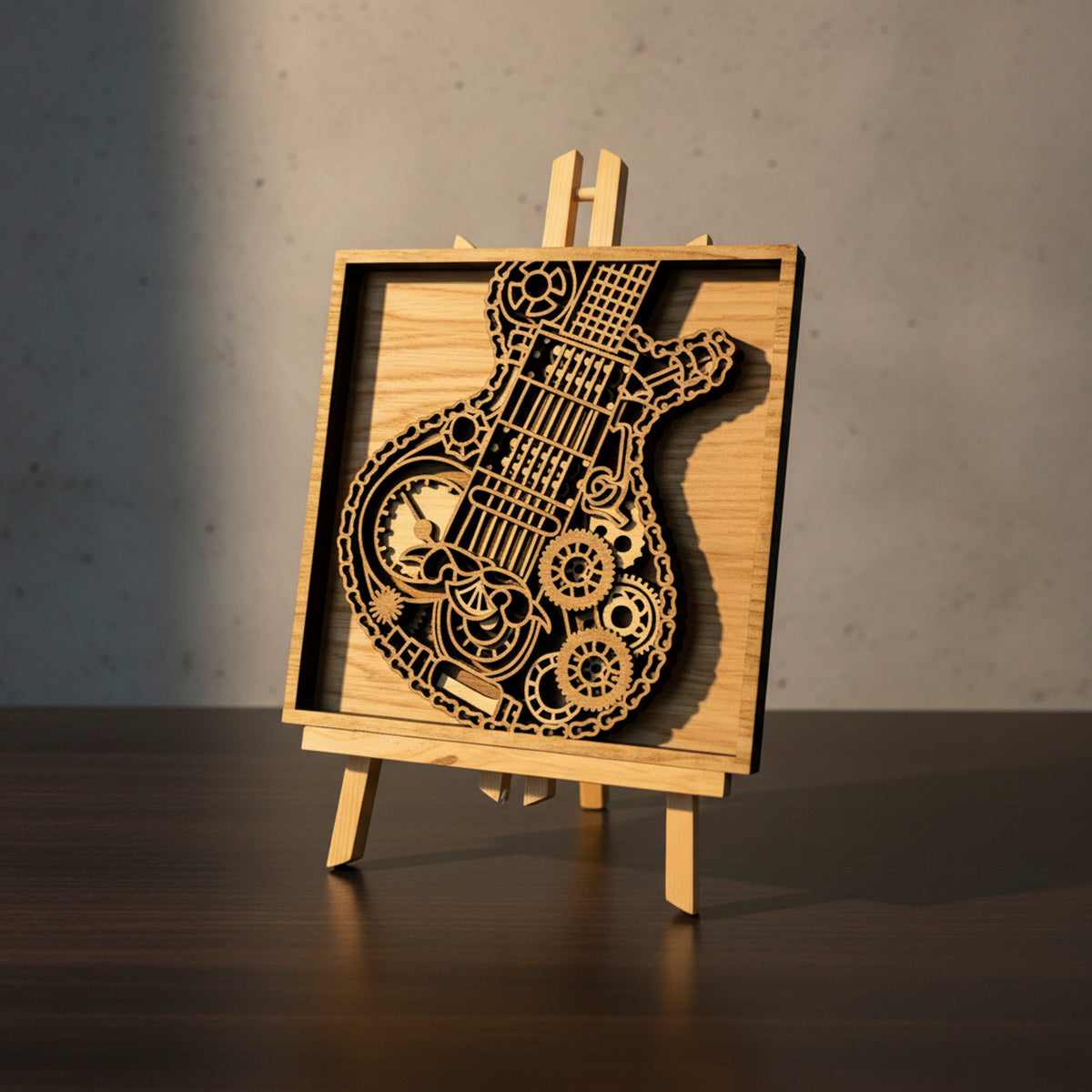 3D Layered Steampunk Electric Guitar Wall Art - Laser-Cut Wood Framed Music Sculpture (250mm)