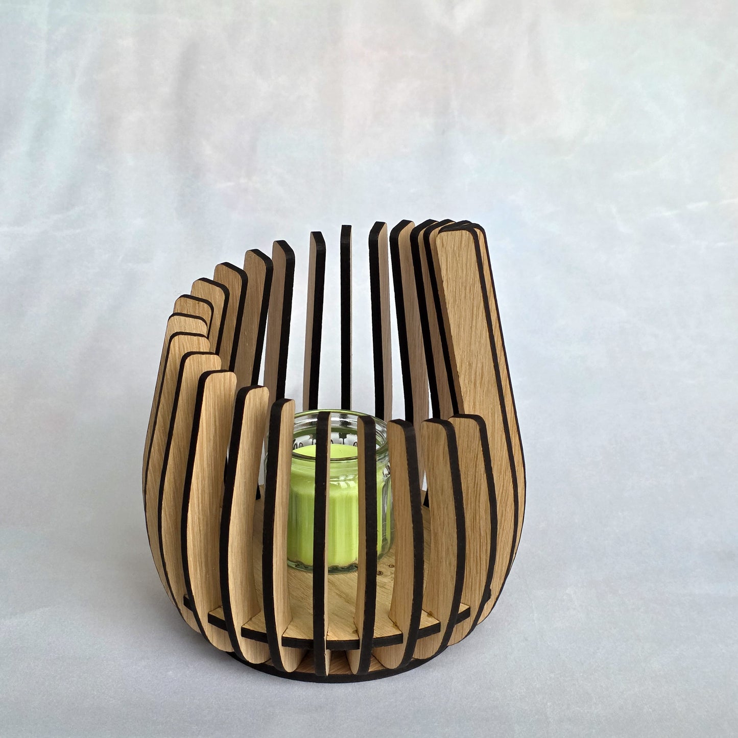 Curved Oak Veneer LED Candle Holder – Modern Wooden Slat Lantern (4 Sizes)