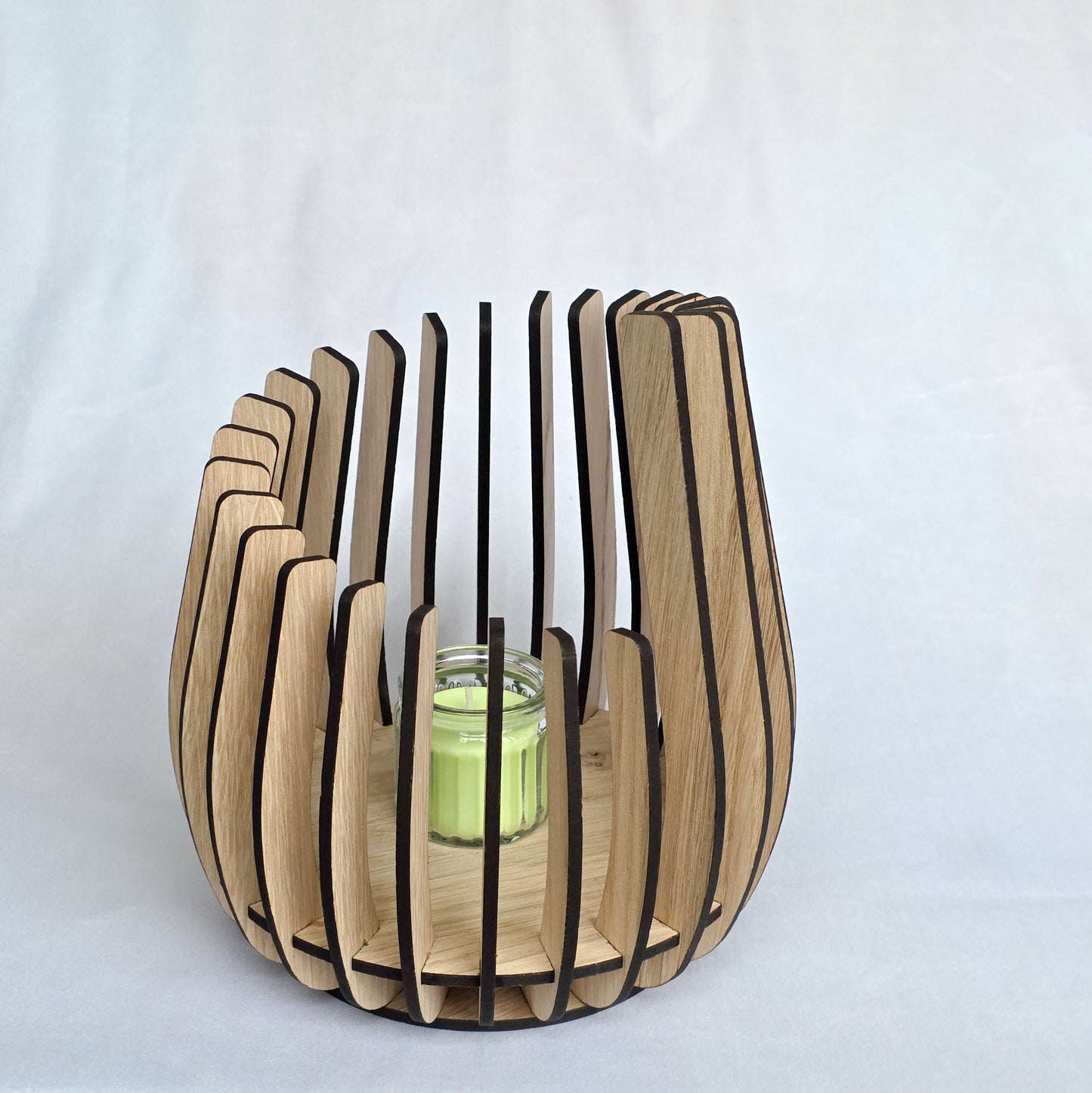 Curved Oak Veneer LED Candle Holder – Modern Wooden Slat Lantern (4 Sizes)