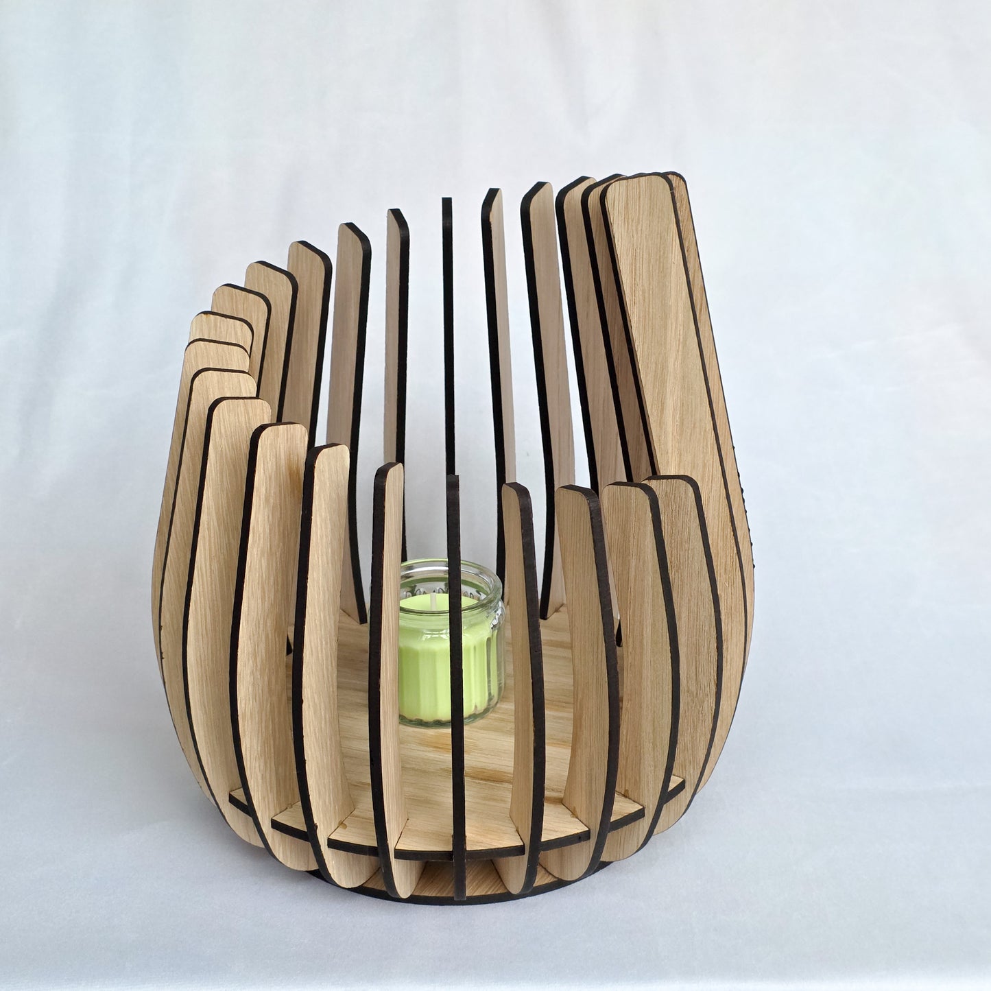 Curved Oak Veneer LED Candle Holder – Modern Wooden Slat Lantern (4 Sizes)