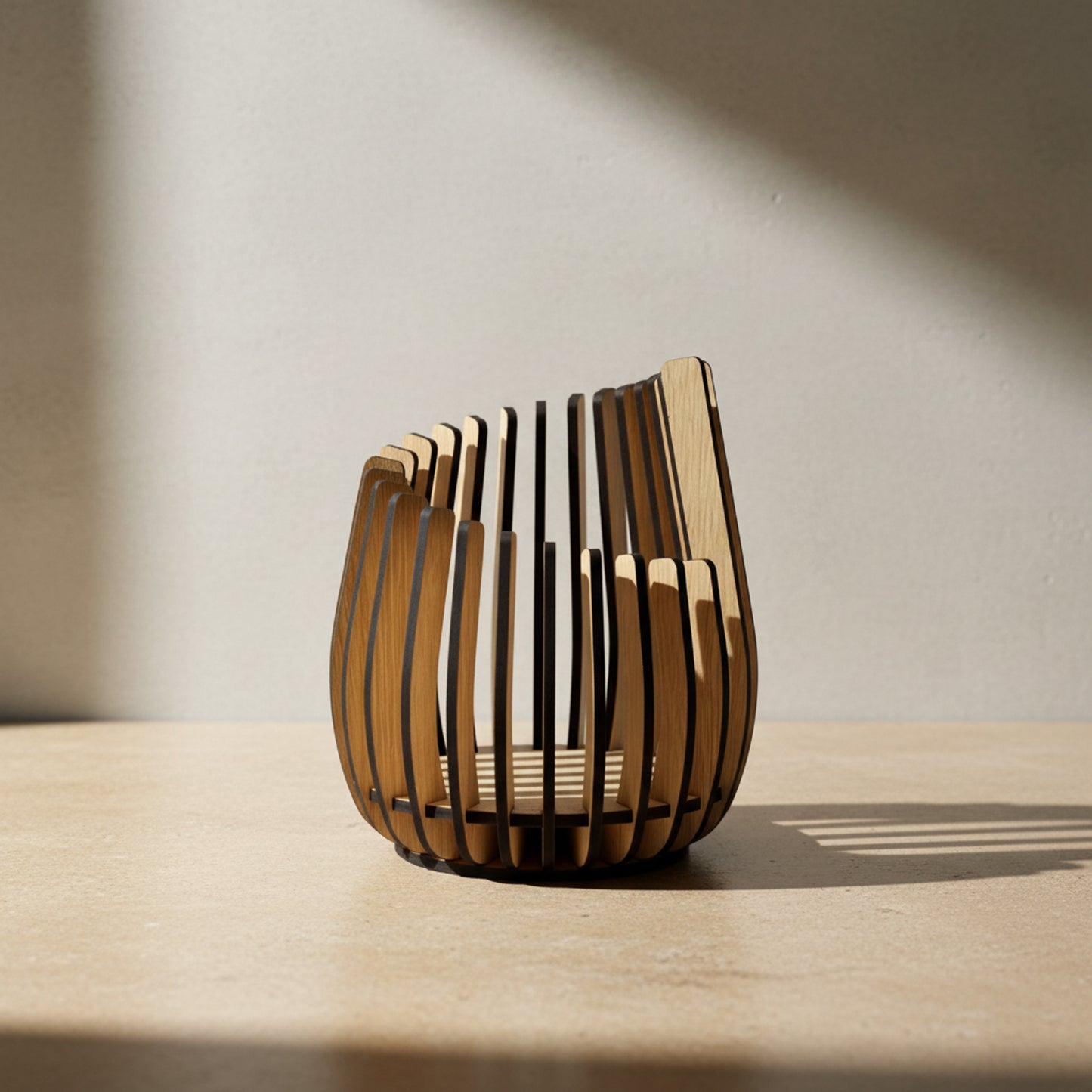 Curved Oak Veneer LED Candle Holder – Modern Wooden Slat Lantern (4 Sizes)