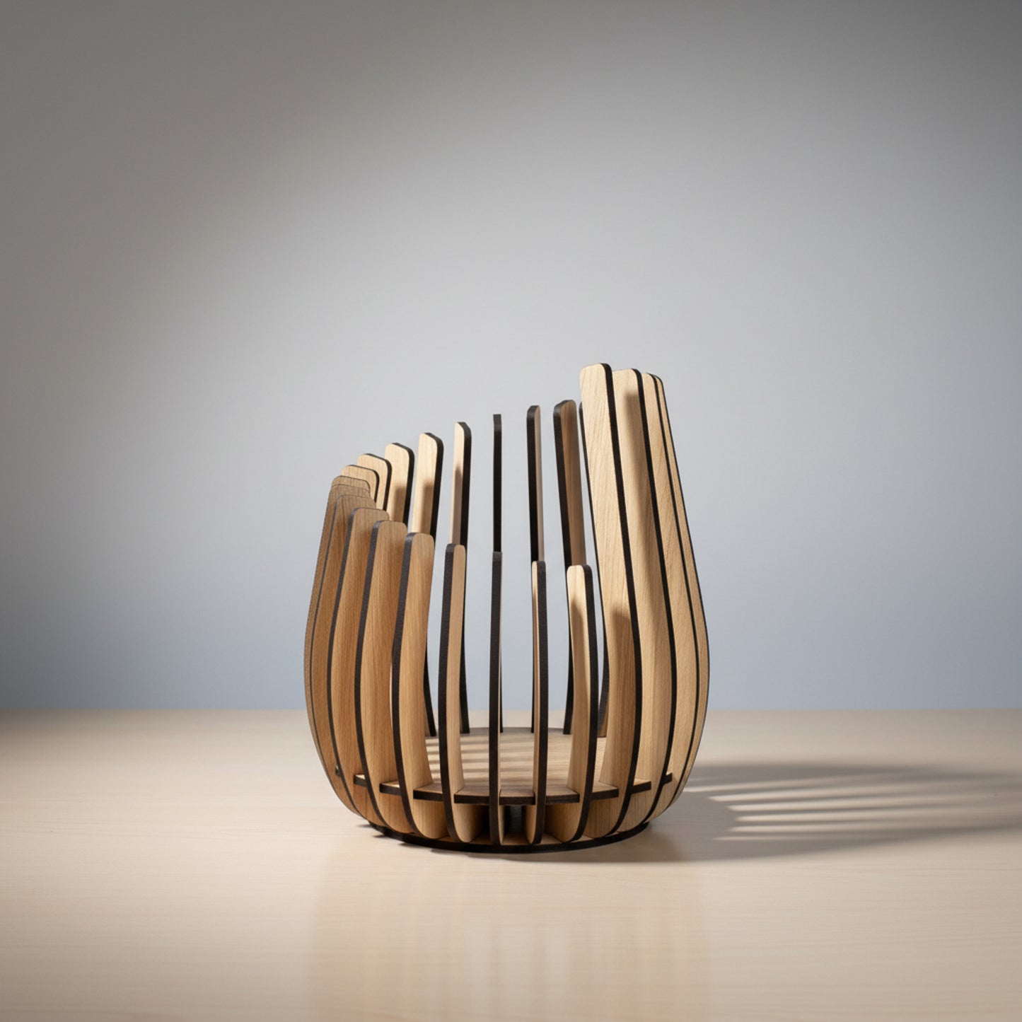 Curved Oak Veneer LED Candle Holder – Modern Wooden Slat Lantern (4 Sizes)