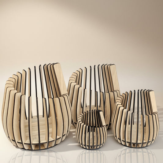 Curved Oak Veneer LED Candle Holder – Modern Wooden Slat Lantern (4 Sizes)