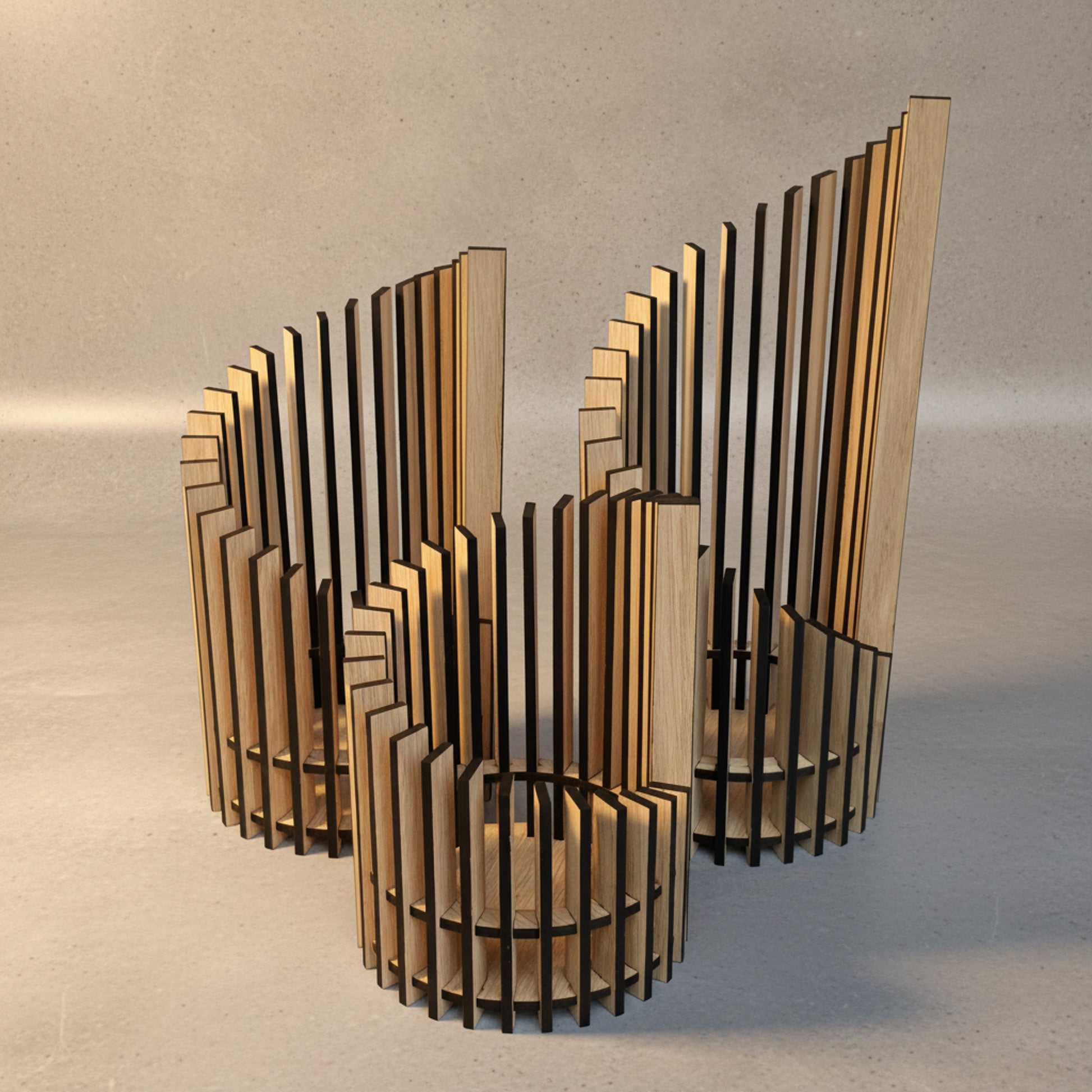 Three modern sculptural wooden slat planters arranged in a row on a neutral gray surface, featuring vertical laser-cut wood panels in natural light brown tones with black metal accents.