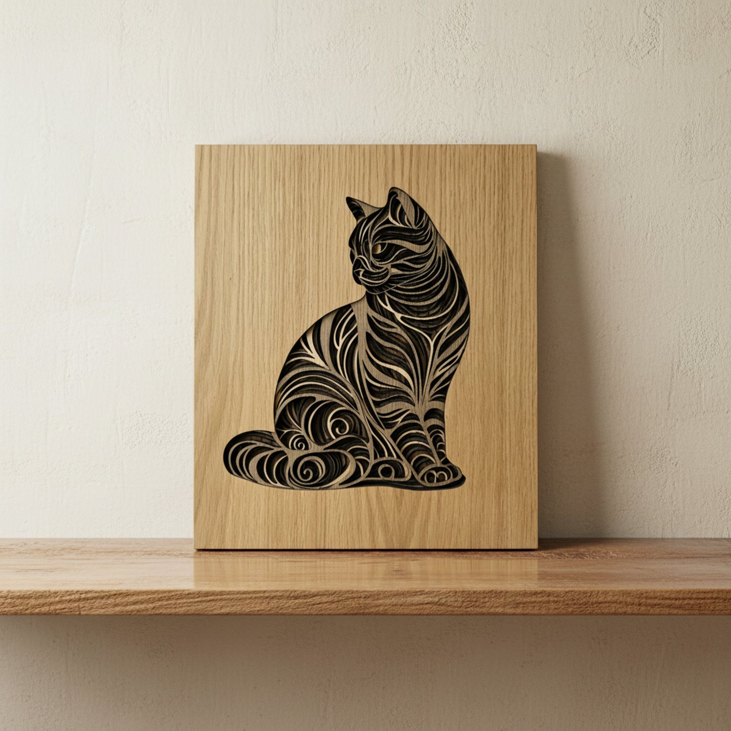 Layered Wooden Cat Wall Art – Multi-Layer Veneer Statement Piece