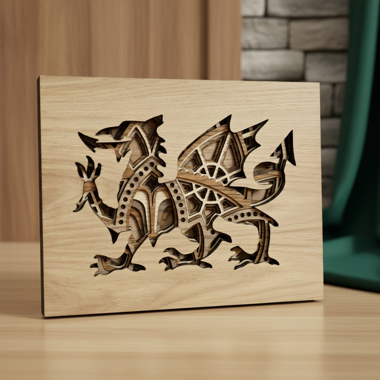 Multilayered Oak Wood Welsh Dragon Art Cymru