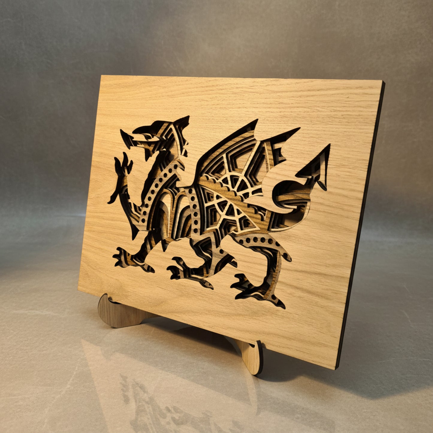 Multilayered Oak Wood Welsh Dragon Art Cymru
