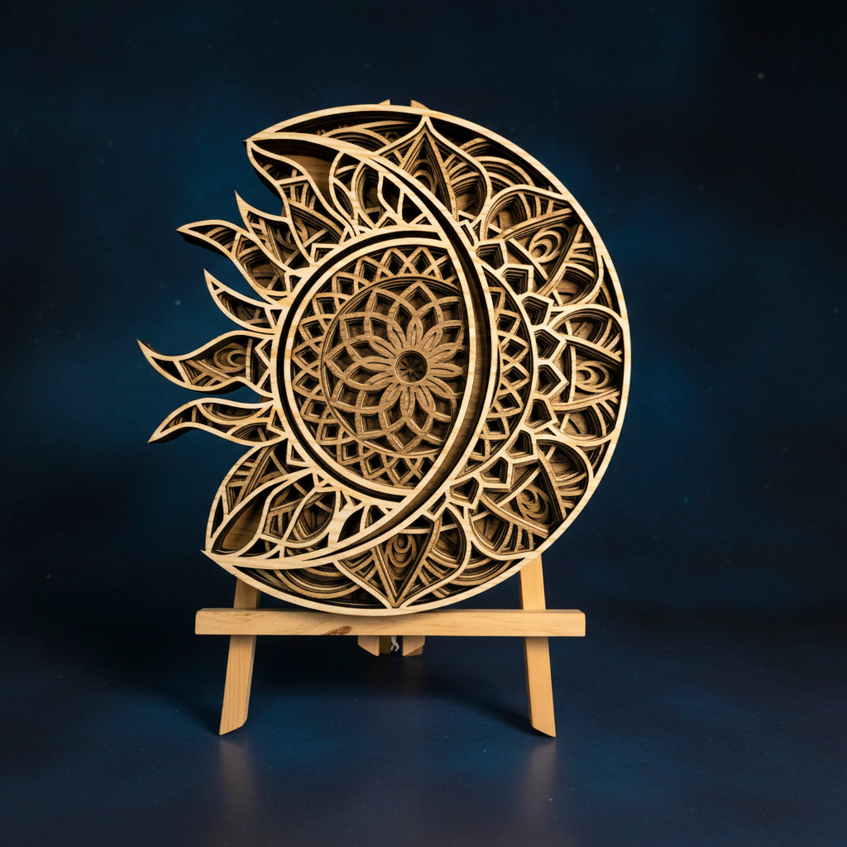 3D Layered Sun & Moon Mandala Wall Art - Laser-Cut Wooden Celestial Sculpture (292mm x 284mm)