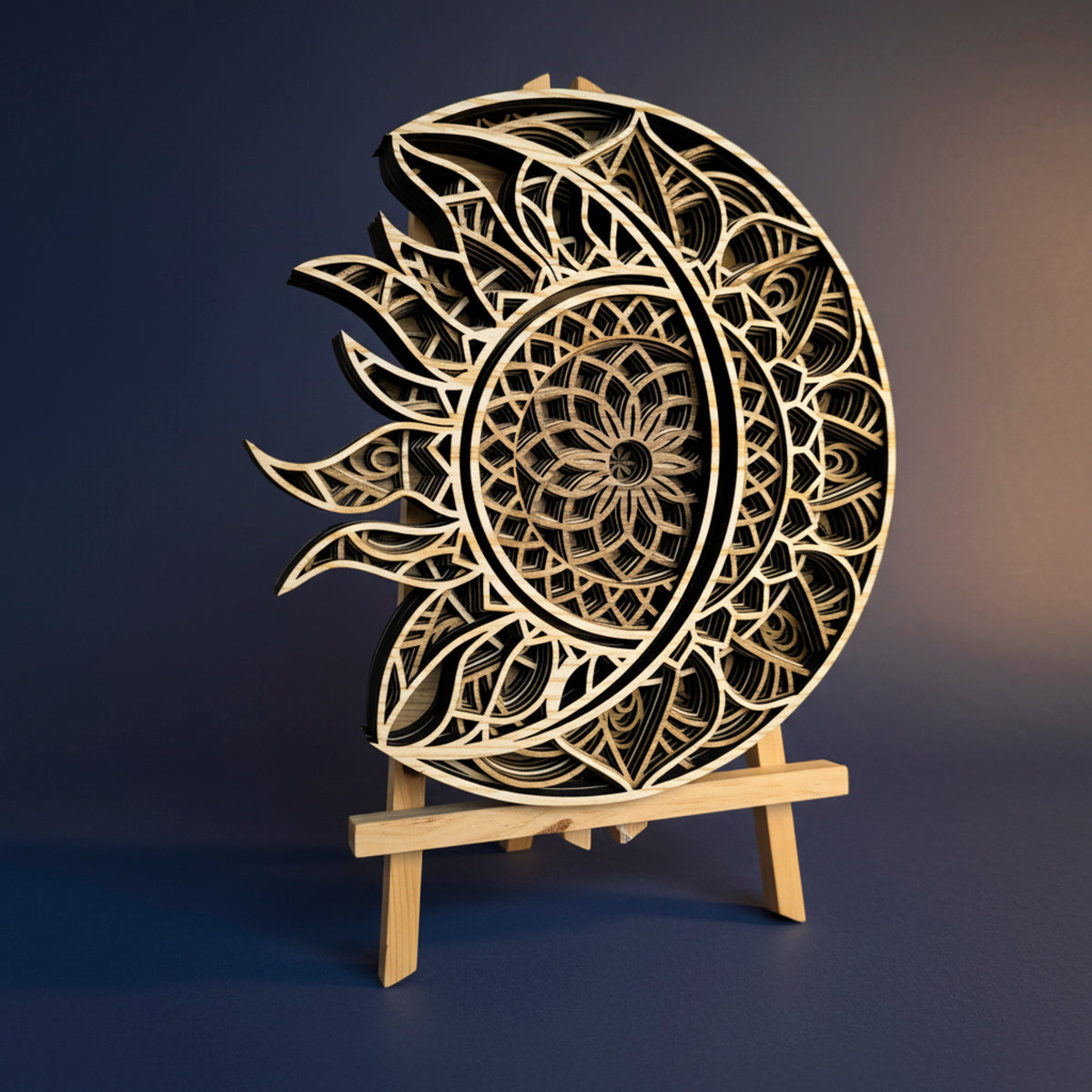 3D Layered Sun & Moon Mandala Wall Art - Laser-Cut Wooden Celestial Sculpture (292mm x 284mm)