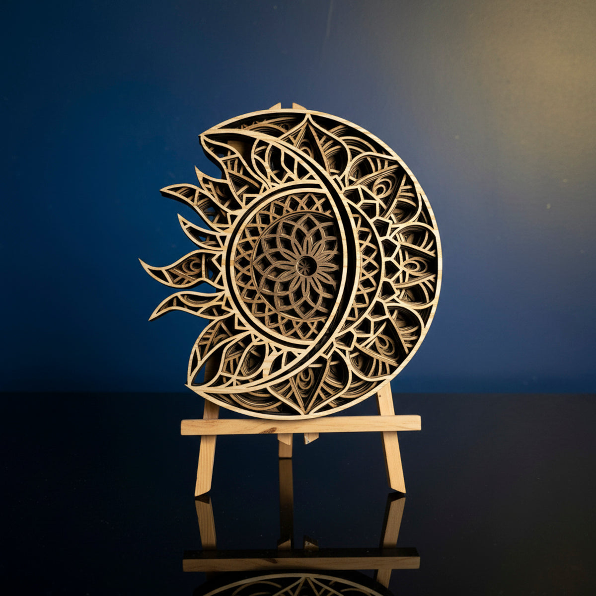 3D Layered Sun & Moon Mandala Wall Art - Laser-Cut Wooden Celestial Sculpture (292mm x 284mm)