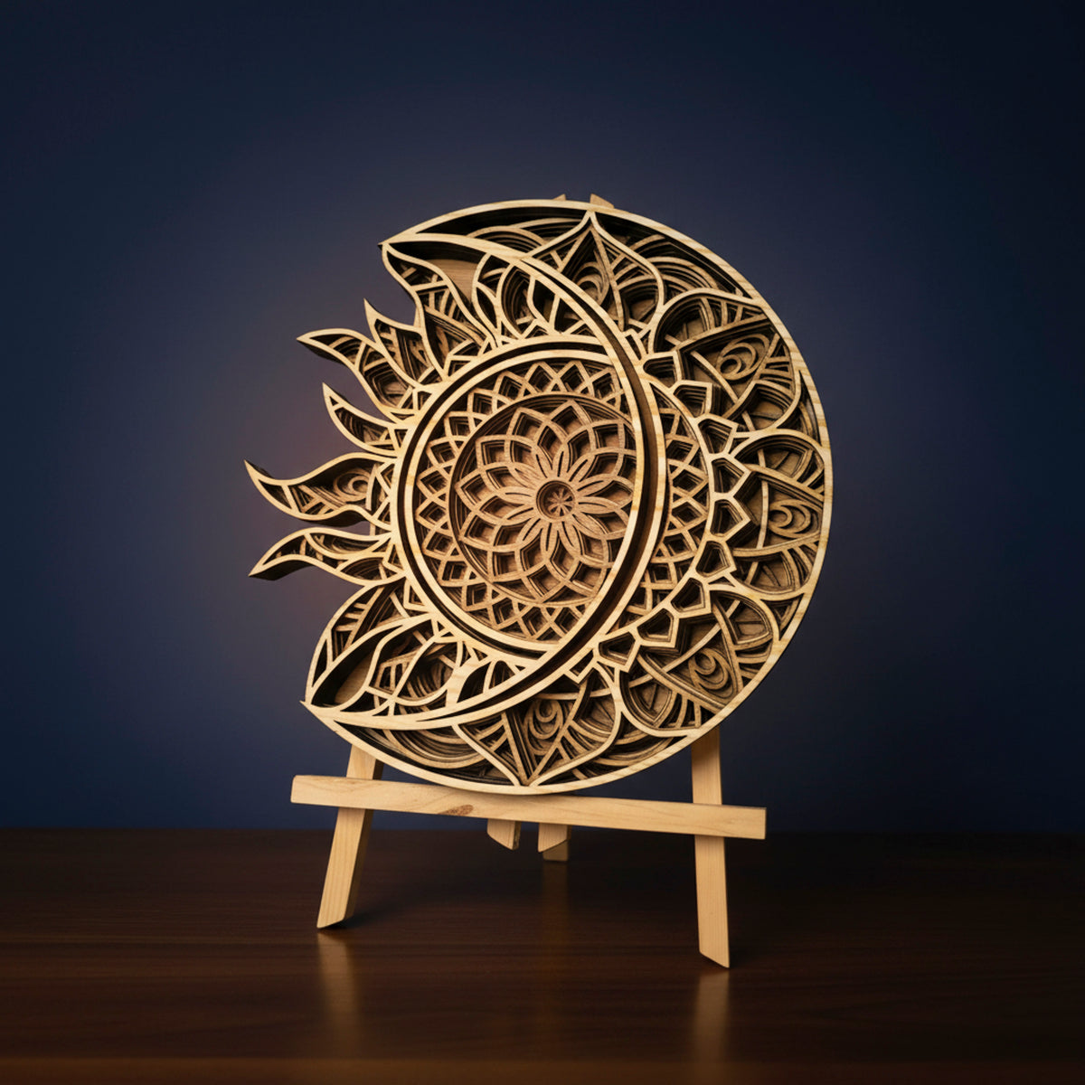 3D Layered Sun & Moon Mandala Wall Art - Laser-Cut Wooden Celestial Sculpture (292mm x 284mm)