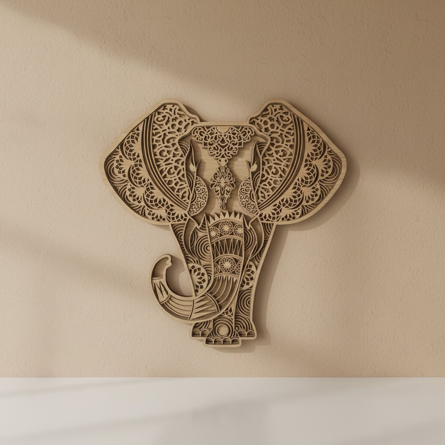 Oak Wood Elephant Wall Art – 5-Layer Laser Cut Mandala Statement Piece