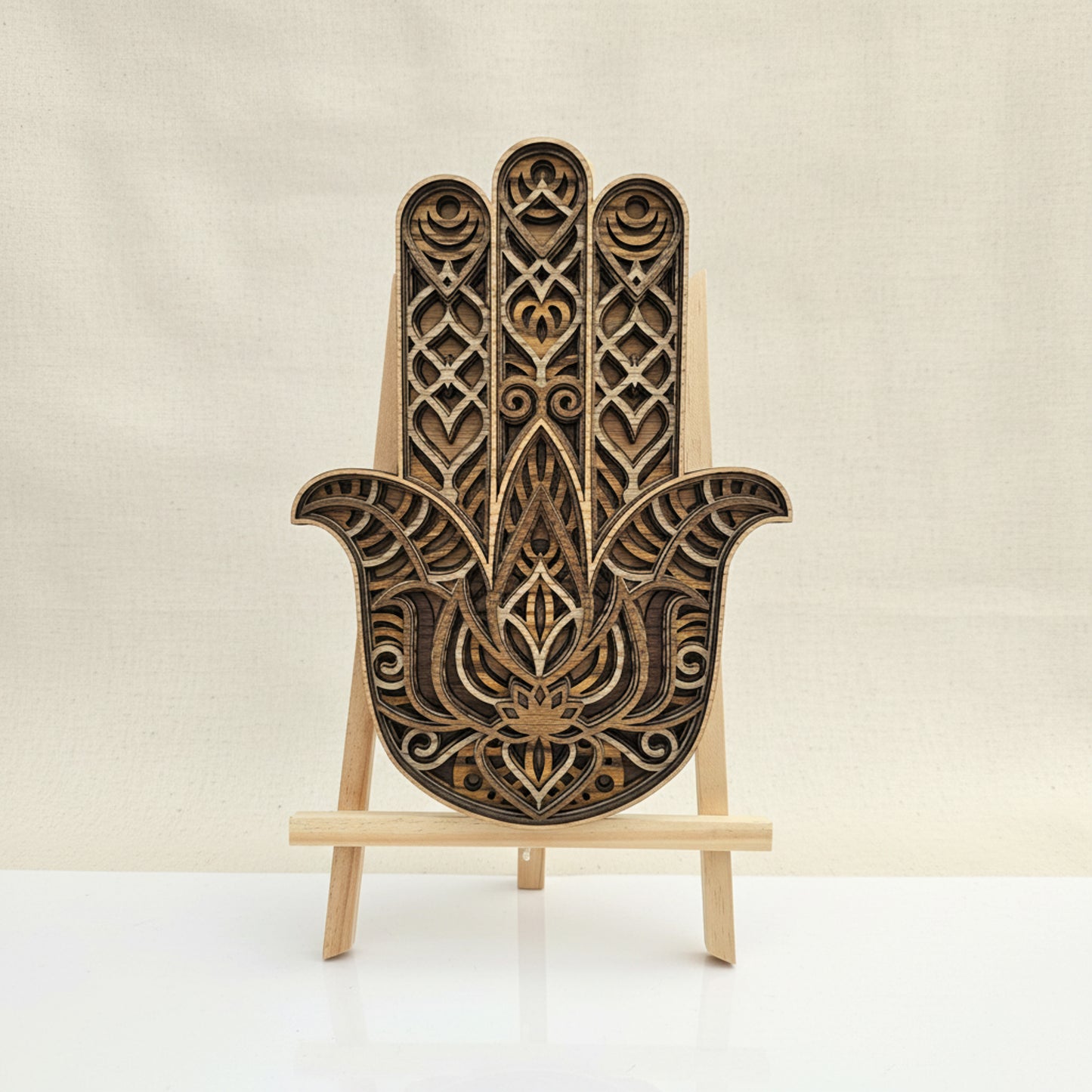 Layered Oak Veneer Hamsa Hand Wall Art – Wooden Statement Décor