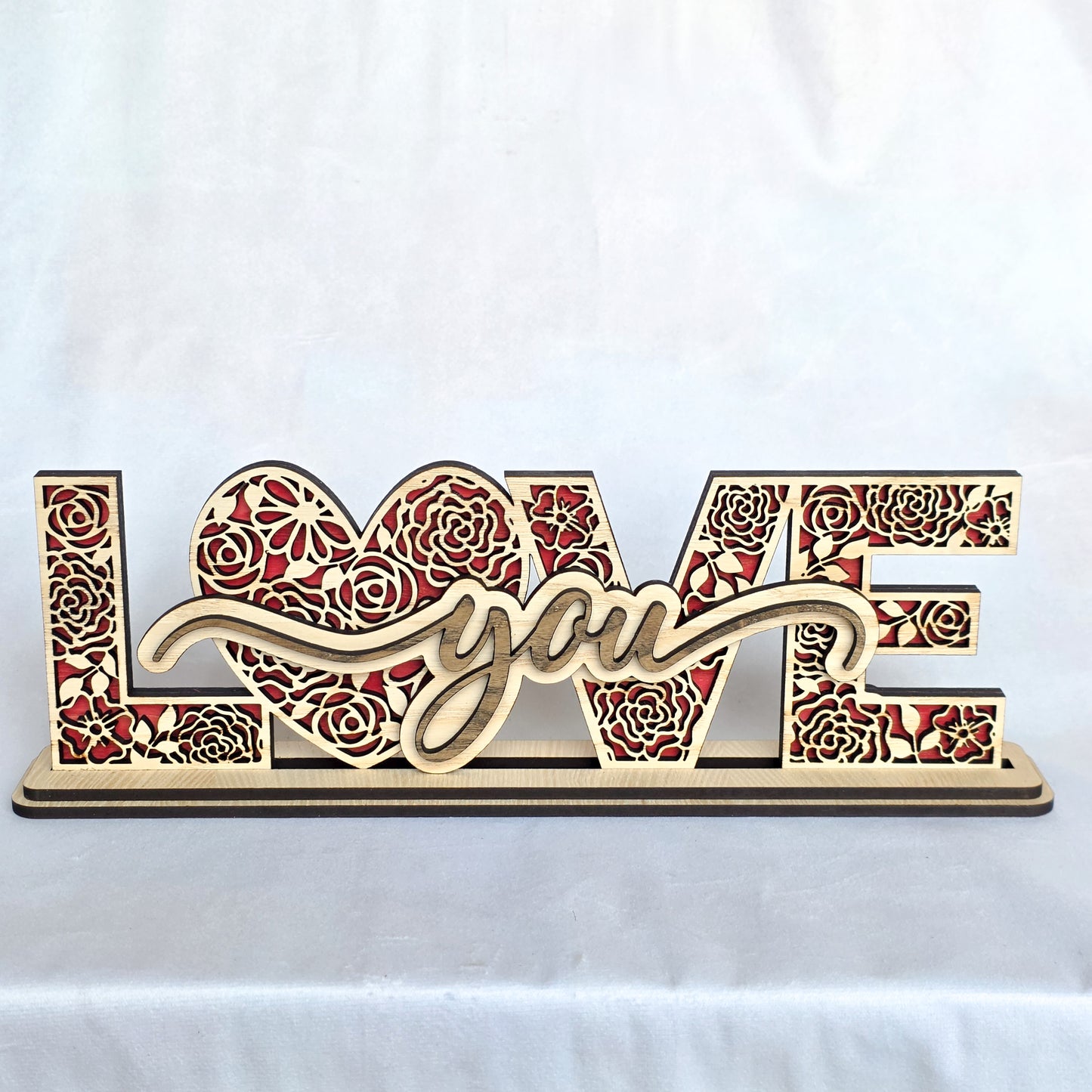 Layered Wooden “Love You” Sign – Floral Laser Cut Freestanding Decor (Oak Veneer)