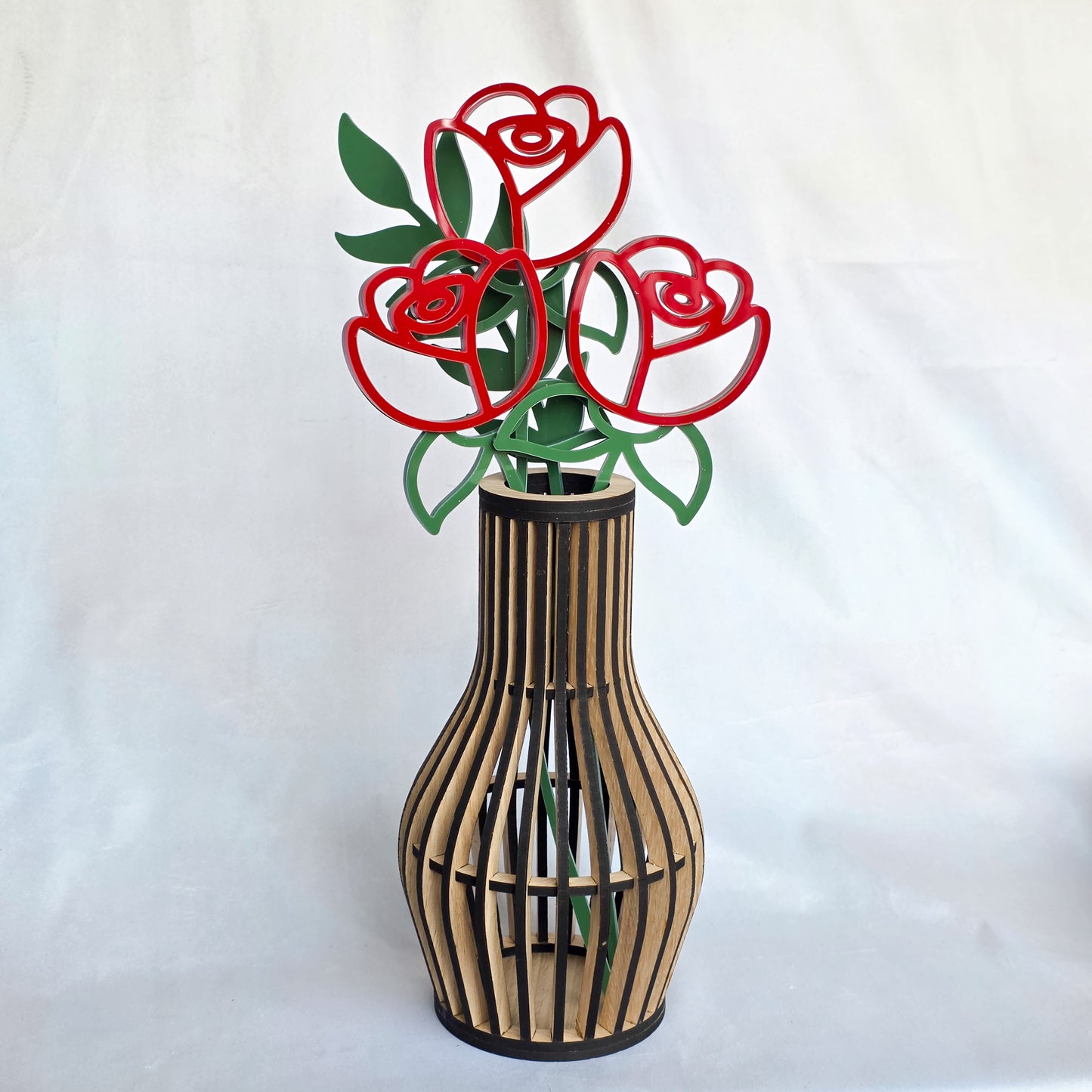 Laser Cut Wooden Vase with Acrylic Roses – Modern Floral Statement Décor
