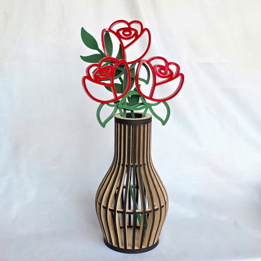 Laser Cut Wooden Vase with Acrylic Roses – Modern Floral Statement Décor