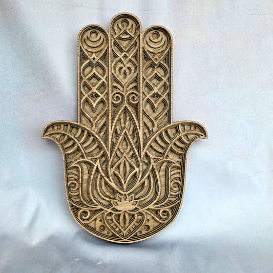 Layered Oak Veneer Hamsa Hand Wall Art – Wooden Statement Décor