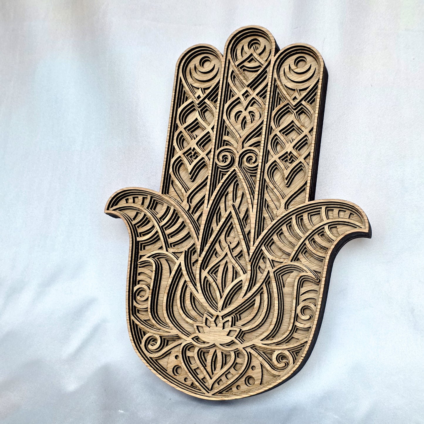 Layered Oak Veneer Hamsa Hand Wall Art – Wooden Statement Décor