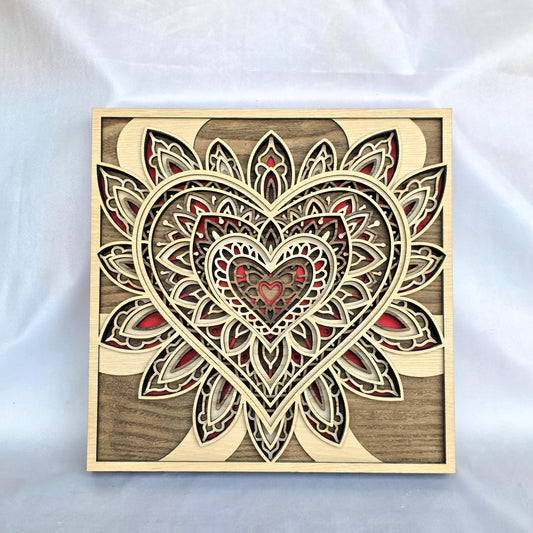 Layered Wooden Mandala Heart Wall Art – Oak, Walnut & Red Ash Veneer (295mm)