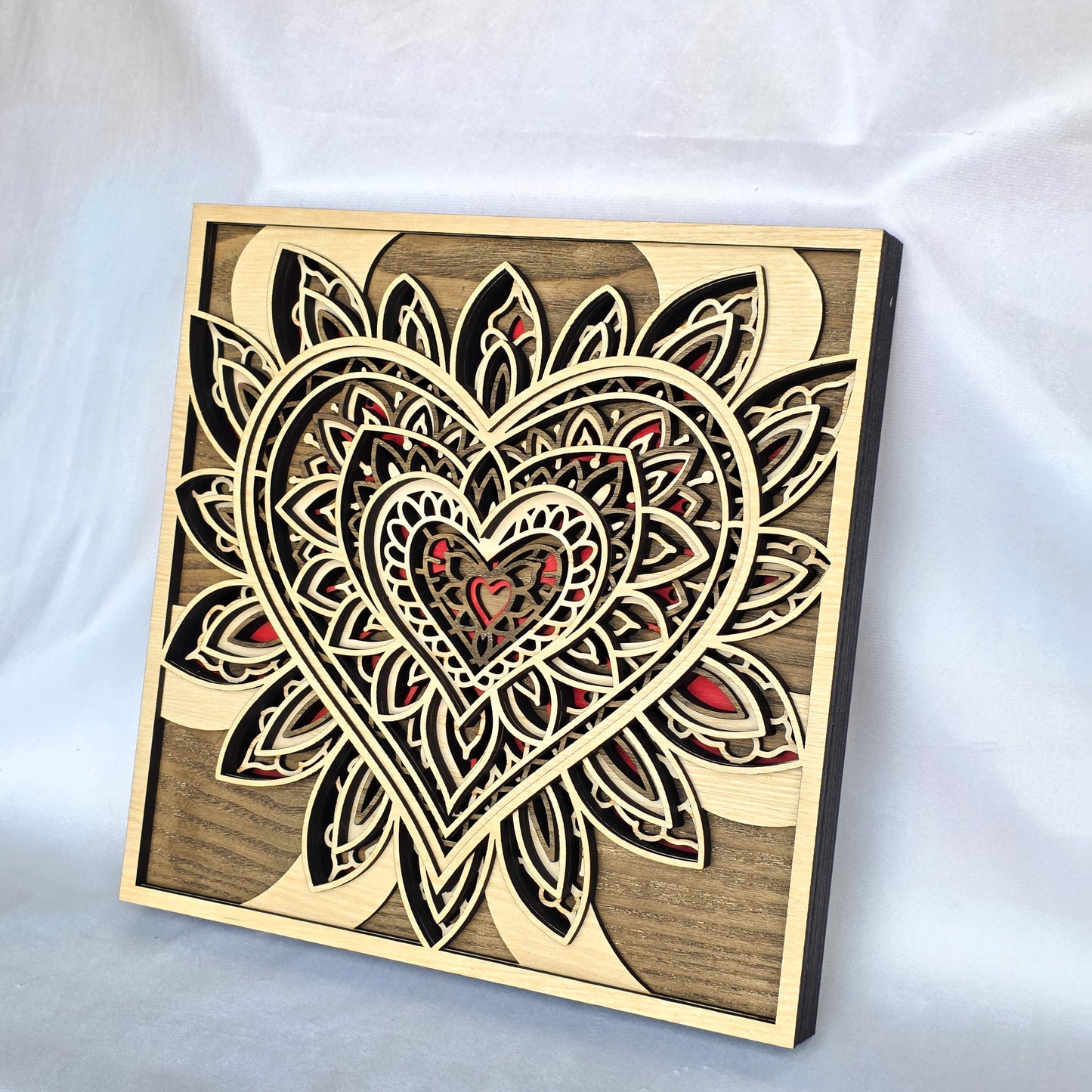 Layered Wooden Mandala Heart Wall Art – Oak, Walnut & Red Ash Veneer (295mm)