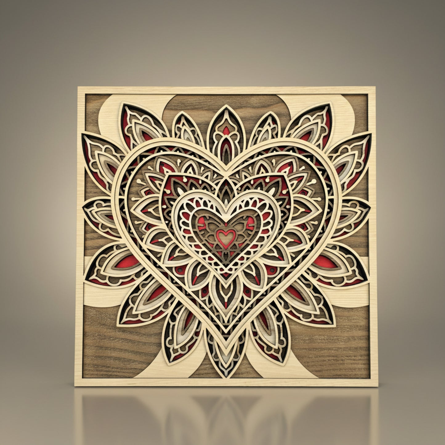 Layered Wooden Mandala Heart Wall Art – Oak, Walnut & Red Ash Veneer (295mm)