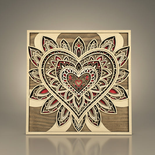 Layered Wooden Mandala Heart Wall Art – Oak, Walnut & Red Ash Veneer (295mm)