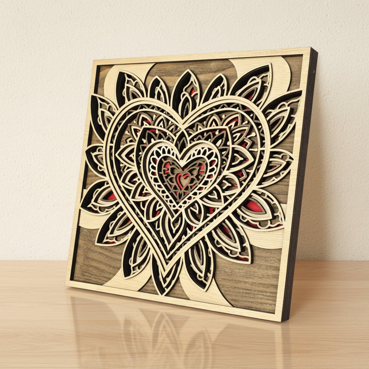 Layered Wooden Mandala Heart Wall Art – Oak, Walnut & Red Ash Veneer (295mm)